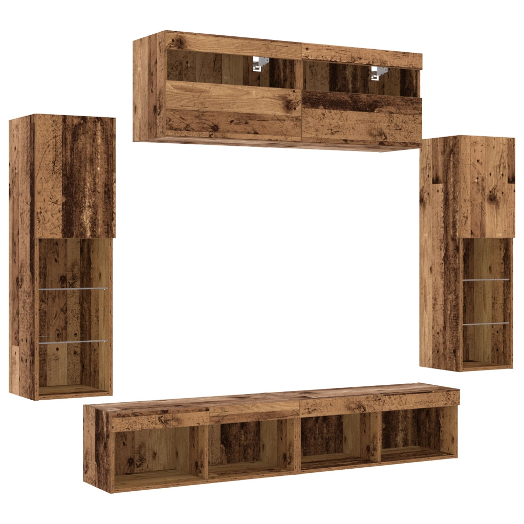 Set di 8 UnitÃ  Muro TV con LED Legno Antico Legno Ingegnerizzato