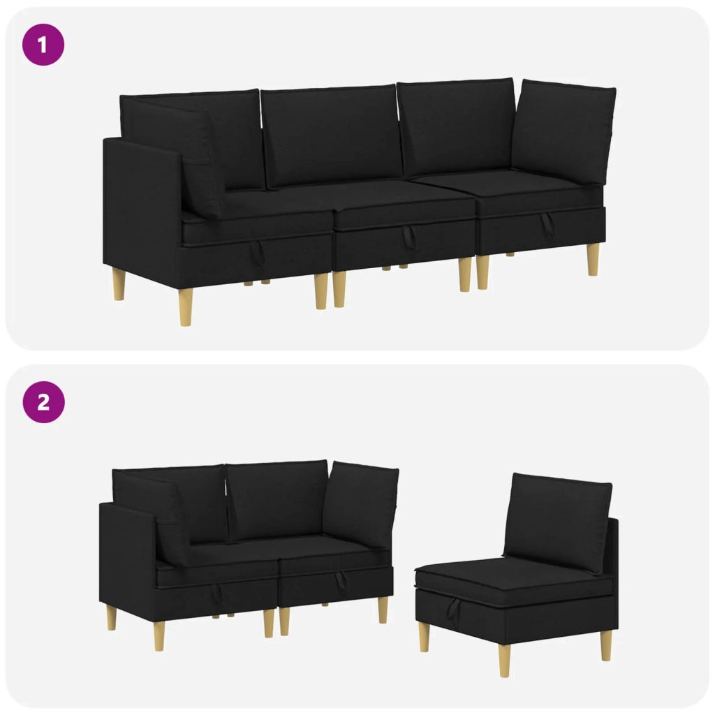 Set di divani modulari con spazio di archiviazione 3 pcs Nero