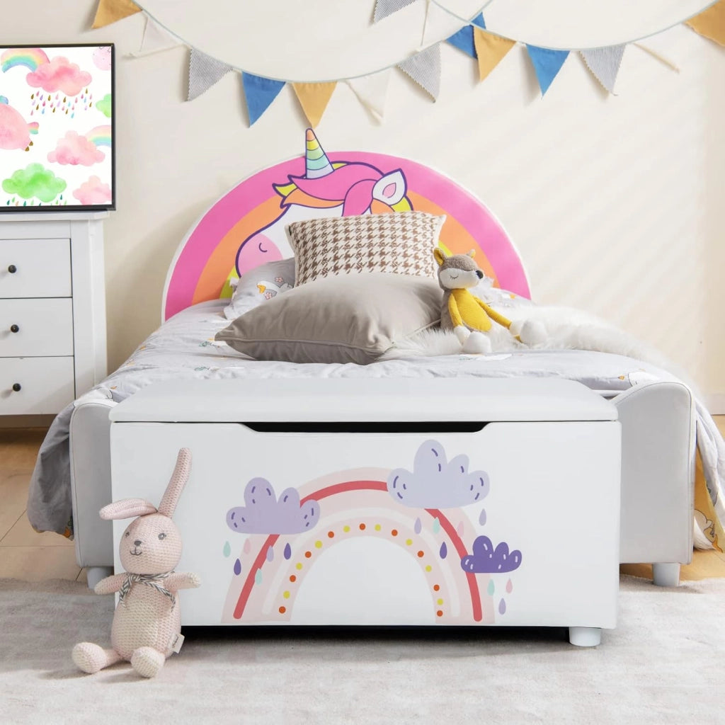Scatola Portaoggetti con Coperchio Rimovibile, Piedini Regolabili e Maniglie in Tessuto, Scatola Imbottita in MDF PVC, Scatola Giocattolo per Bambini, 75 x 36 x 38, Bianco - Arcobaleno