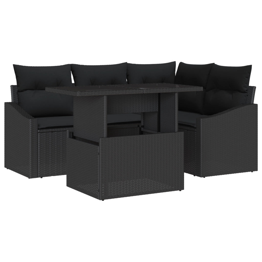 Set Divano Giardino 5 Pezzi con Cuscini Rattan Poliestere Nero