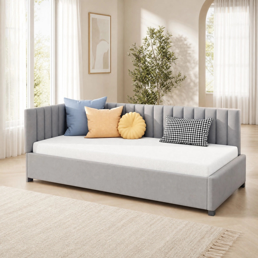 Letto imbottito multifunzionale 90x200 cm con rete a doghe, grigio
