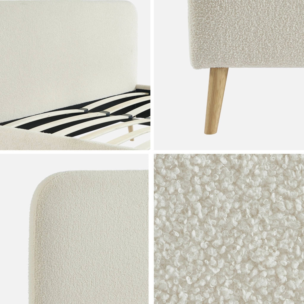 Letto con rete e testiera imbottita bouclé, 160x200cm, crema