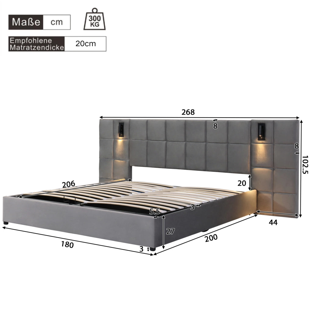 Letto imbottito 180x200 cm con contenitore, USB e luce LED