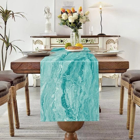 Tavolo da salotto blu moderno per soggiorno tovagliato da tavola estivo 40 x 140 cm con decorazione a strisce di marmo fine per tavola da pranzo, matrimoni, feste di Natale, eventi, tavola da pranzo, tenda da matrimonio in lino.