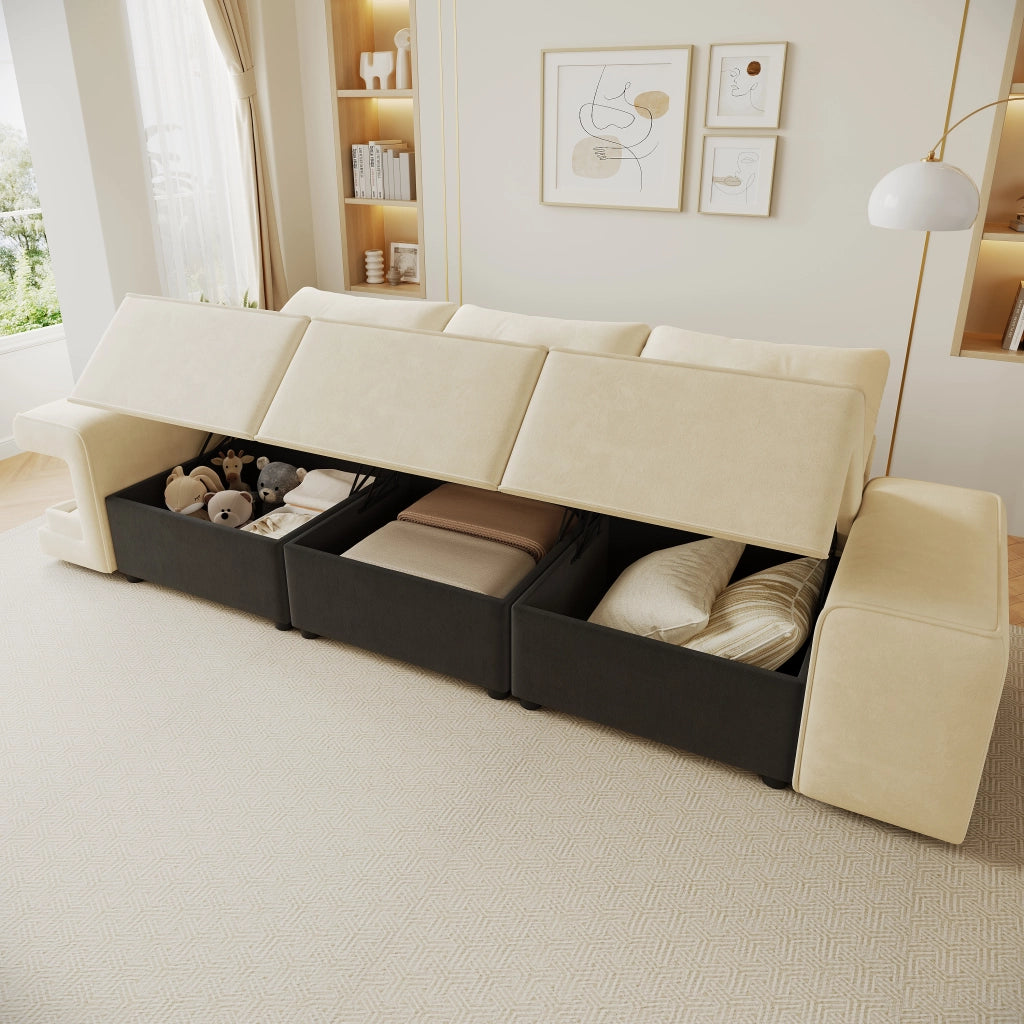Divano 3 posti con nicchie laterali per animali e contenitori sotto seduta in velluto beige 229,5 × 78 × 84 cm
