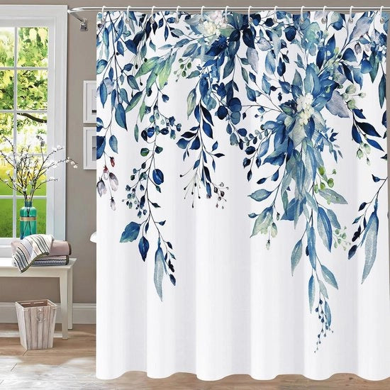 Douchegordijn Blu' per Bagno - Disegno Aquarello Blu con Haken (183 x 182 cm)