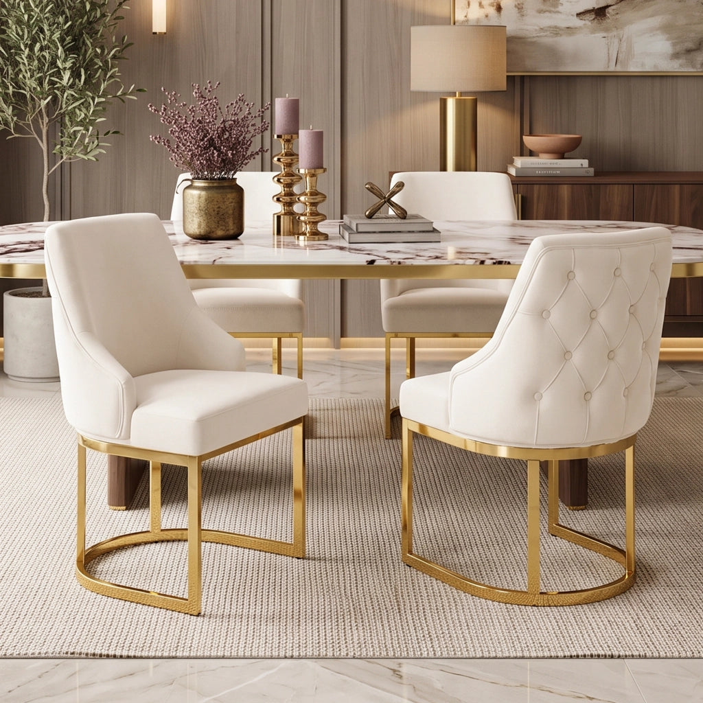 Set di 2 sedie da pranzo in velluto beige con gambe dorate galvanizzate, stile moderno