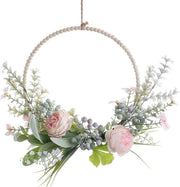 Decorazione Estiva Premium - Corona di Fiori con Legno e Fiori Artificiali, per Decorazione Primaverile e Estiva, Porta d'Entrata con Rose di Pioe, Foglie Verdi e Campanelli