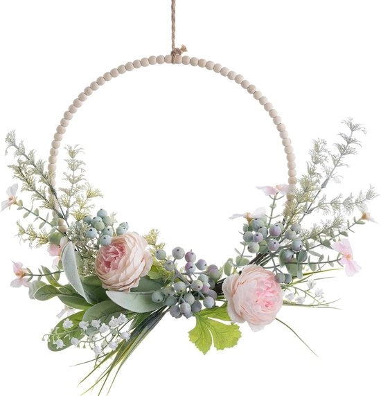 Decorazione Estiva Premium - Corona di Fiori con Legno e Fiori Artificiali, per Decorazione Primaverile e Estiva, Porta d'Entrata con Rose di Pioe, Foglie Verdi e Campanelli