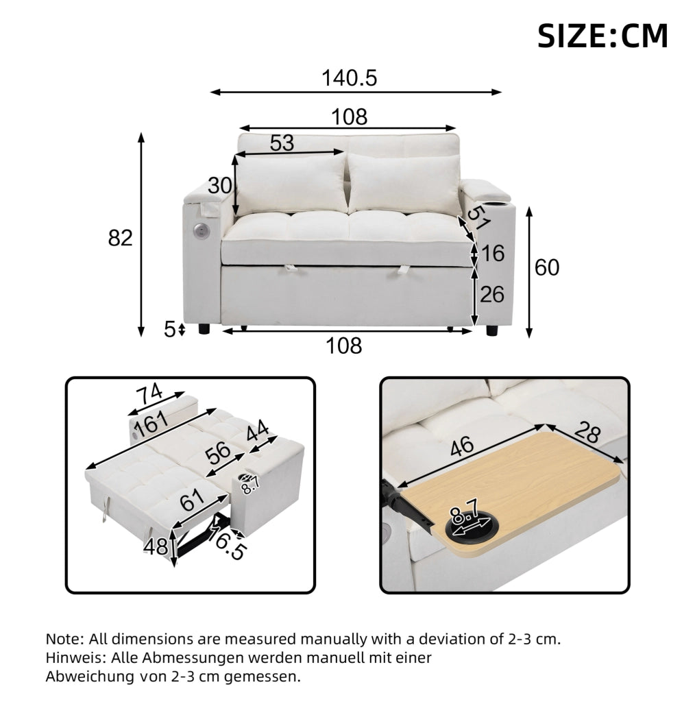 Divano letto con schienale regolabile; USB e Type-C in tessuto beige