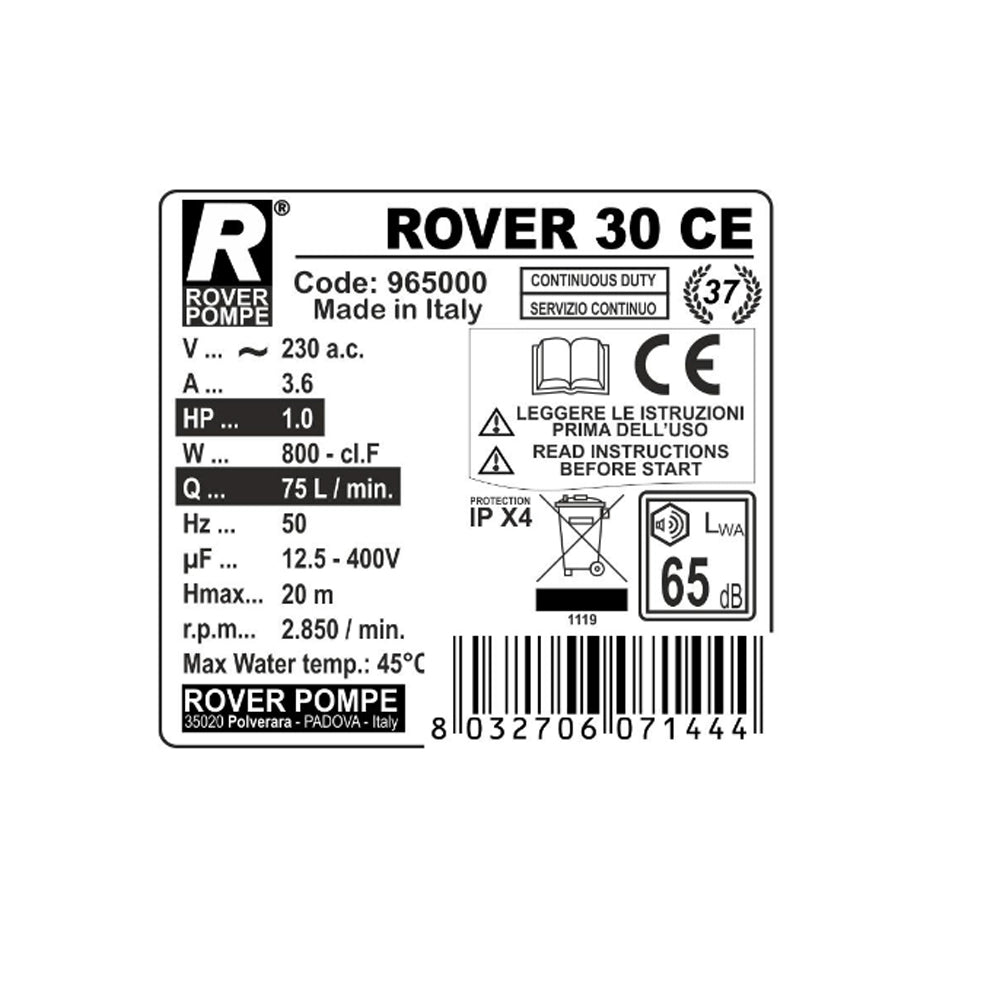 POMPA ELETTRICA DA TRAVASO 230V 50Hz 75L/MIN ELETTROPOMPA ACQUA VINO ROVER30