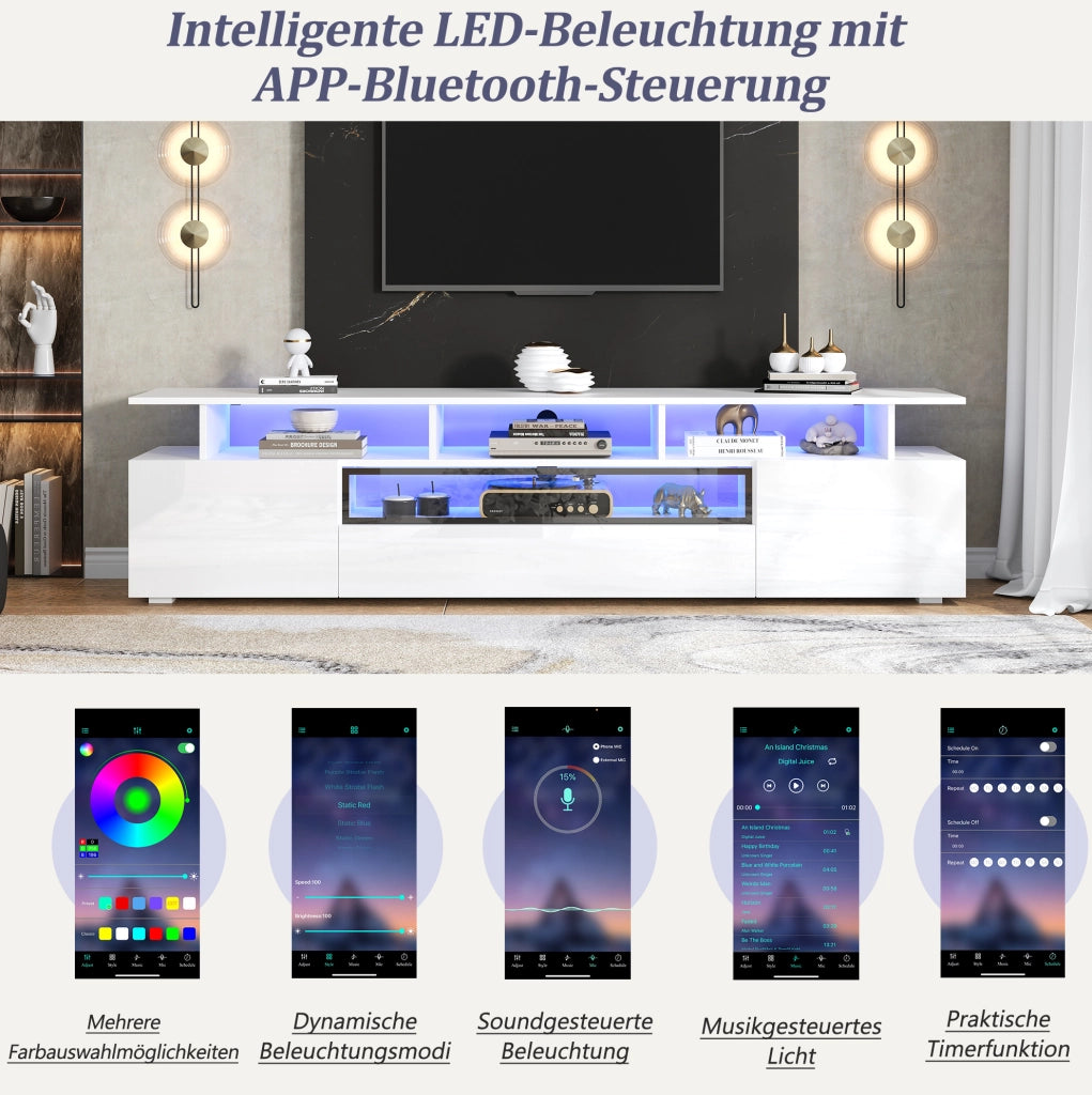 Mobile TV bianco lucido 180 x 38 x 45 cm con LED e 2 ante