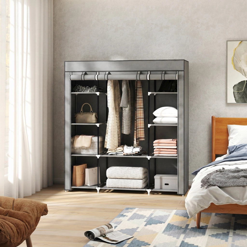 Armadio guardaroba in tessuto pieghevole ¨C Xylo ¨C Grigio chiaro con asta appendiabiti e ripiani 150x43x162,5cm