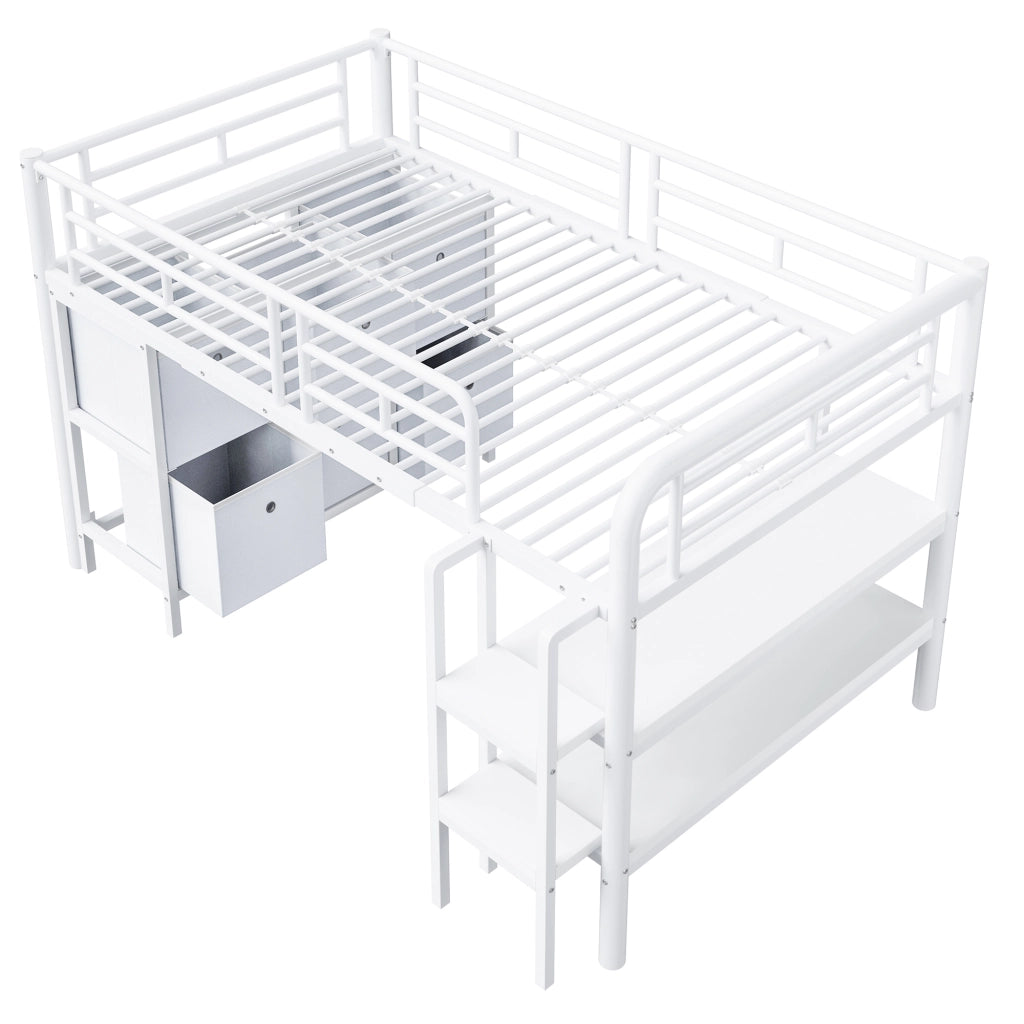 Letto a soppalco basso per bambini 90x200 cm in metallo e MDF, con scala larga, cassetti e ripiani, colore bianco