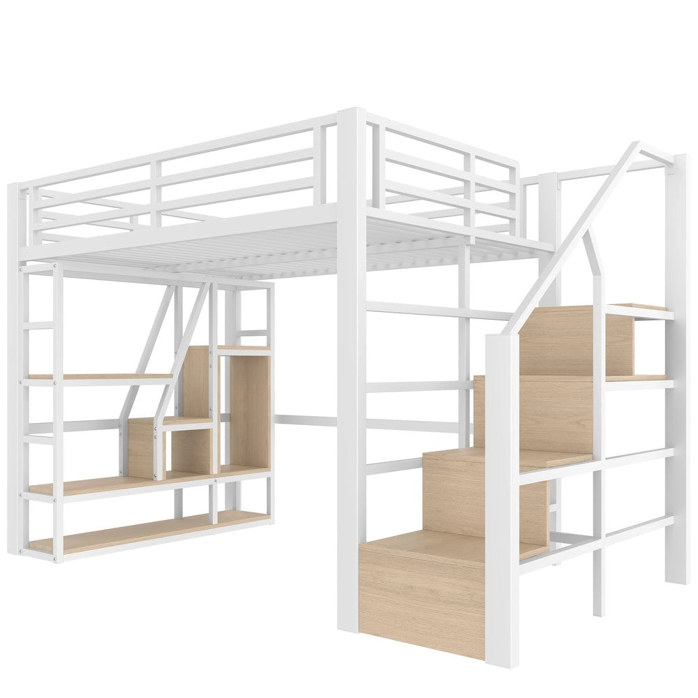 Letto a Soppalco con LED ¨C MINIMAL ¨C Struttura in Ferro, Gradini, 140x200 cm, Bianco