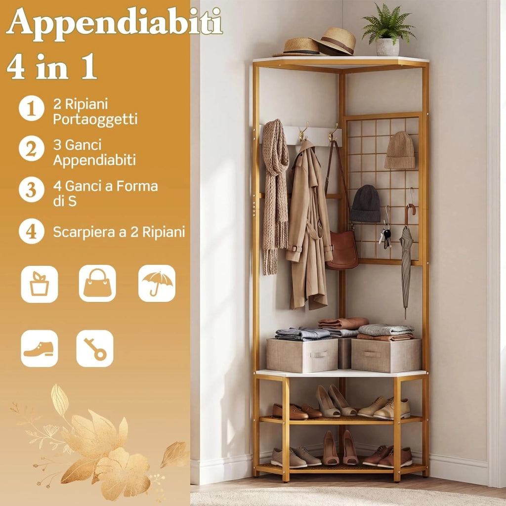 Stand Appendiabiti Angolare, Attaccapanni per Ingresso con Scarpiera 7 Ganci e Barra, Attaccapanni da Terra Autoportante per Ingresso Corridoio e Soggiorno