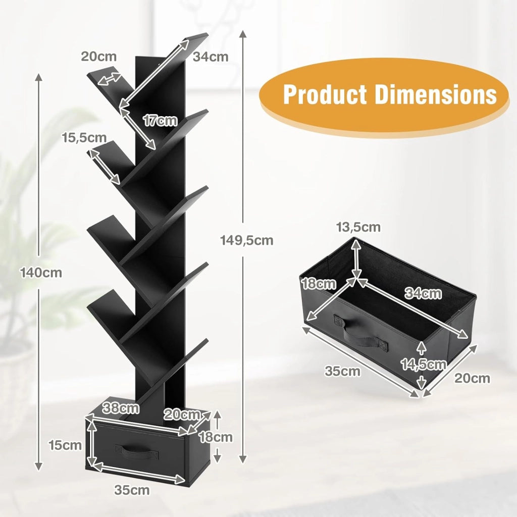 Libreria ad Albero, a 8 Ripiani, Scaffale per Libri con Cassetto Rimovibile, Design di Antiribaltamento, Organizzazione per CD, Riviste, Libri, 38x20x149,5 cm, 4 Colori (Nero)