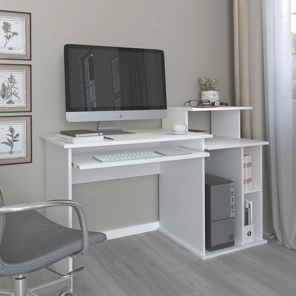Scrivania con ripiani Jan, Bianco, 130 x 55 cm, con sovrastruttura e ripiano estraibile per tastiera