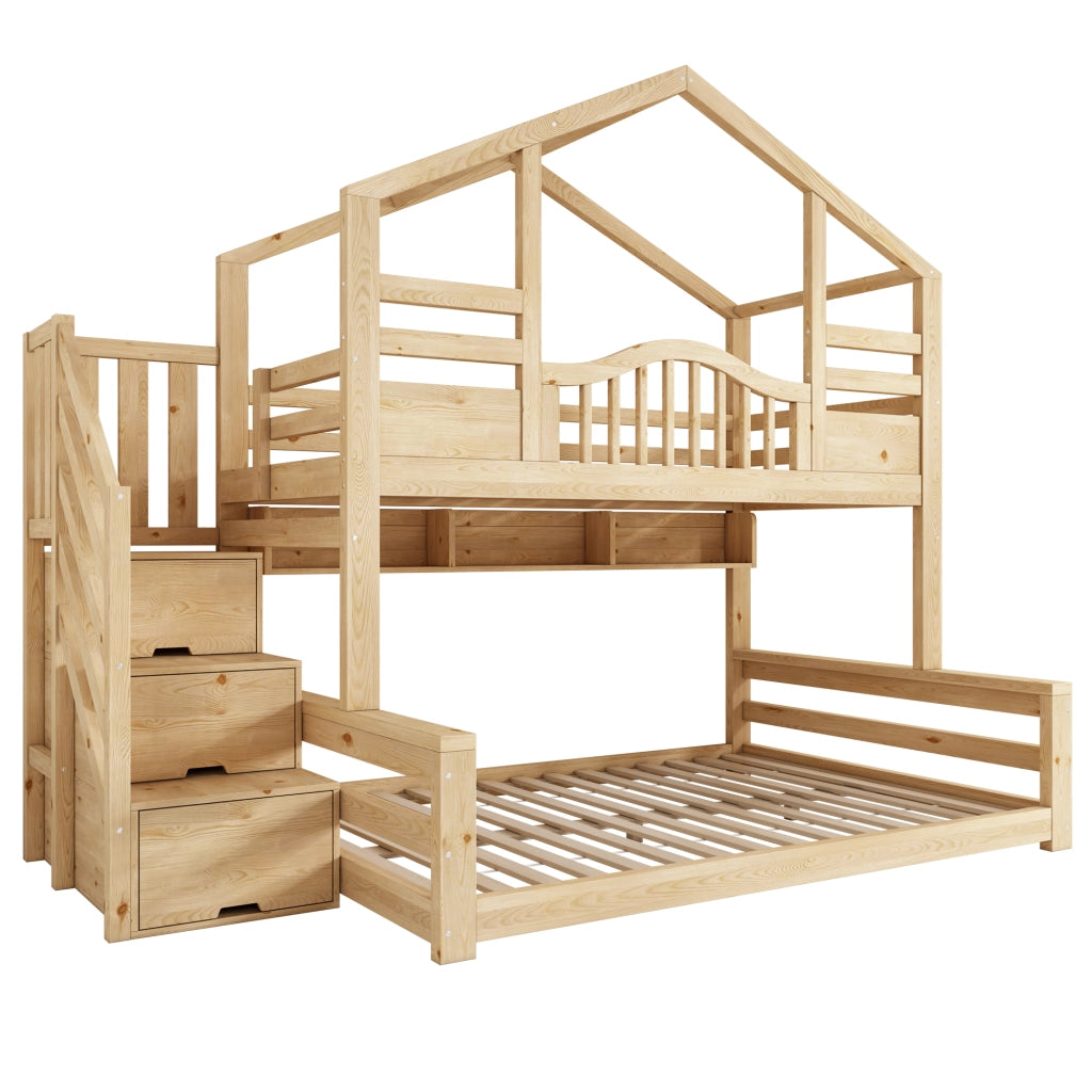 Letto a castello per bambini con scala contenitore, 90x200 e 140x200 cm, colore naturale
