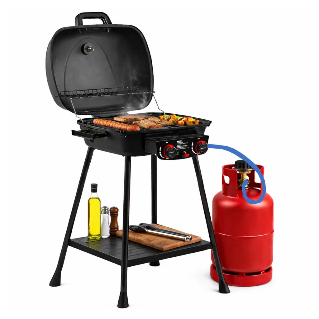 Barbecue a gas 2 fuochi bbq con accensione piezo e mensola portaoggetti con griglie in ghisa - compatto e stabile