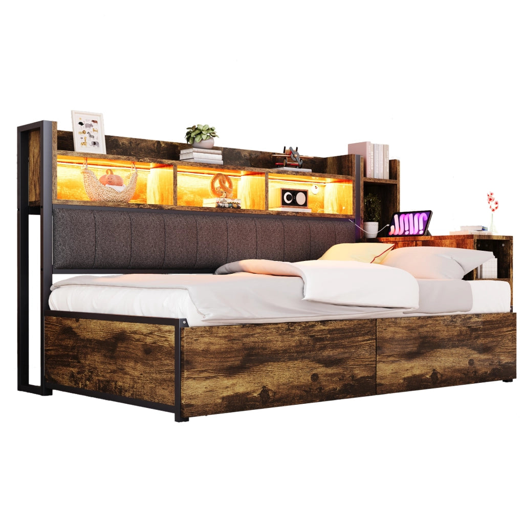 Letto singolo multifunzionale 90x200 cm con scrivania estraibile, cassetti, vani contenitore, prese integrate e LED