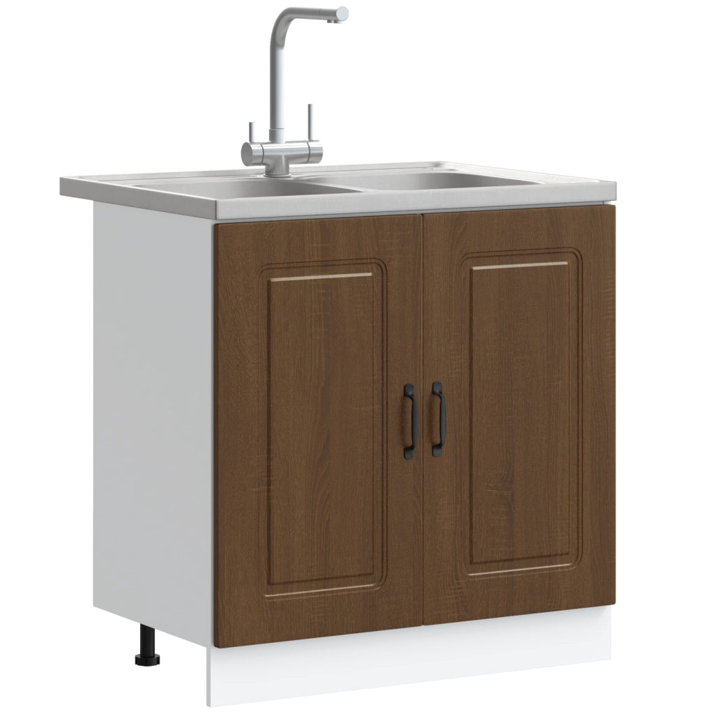 Mobile da Cucina  "Kalmar" con Doppio Lavello in Rovere Marrone in Legno Ingegnerizzato