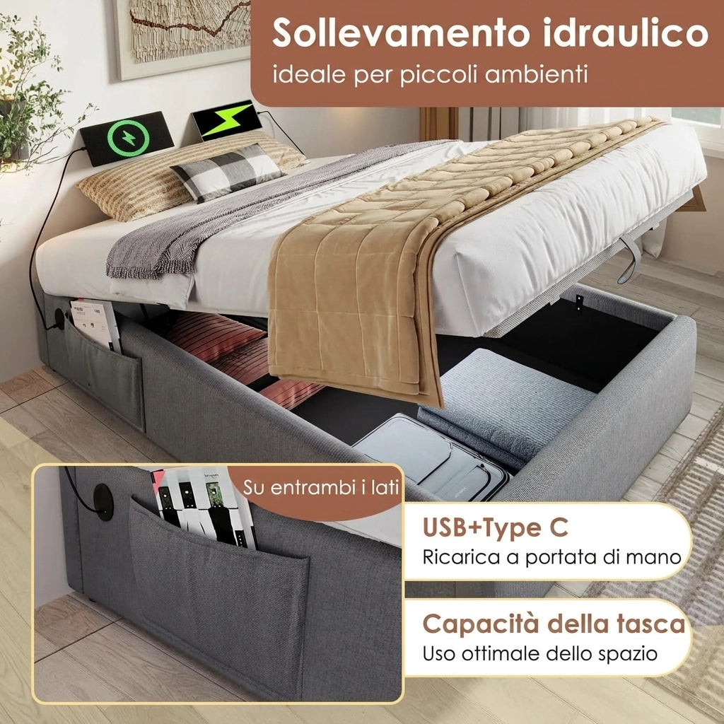 Letto Singolo 90x190 cm Letto Contenitore Senza Testiera con Prese USB e Type-C; Base in Legno Massello e Cotone; Grigio