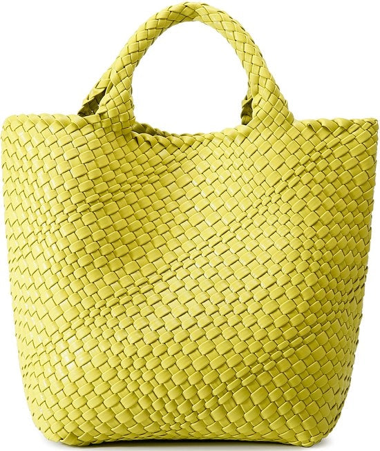 Borsa da donna in cotone, borsa in pelle vegan, borsa da spiaggia estiva e portafoglio, stile retro, borsa a spalla artigianale, grande, verde limone