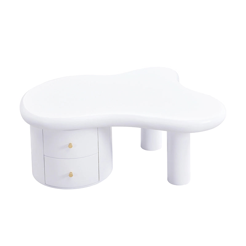 Tavolino da caff¨¨ moderno bianco in MDF con forma irregolare, 2 cassetti e vano contenitivo, 97 x 64 x 42 cm