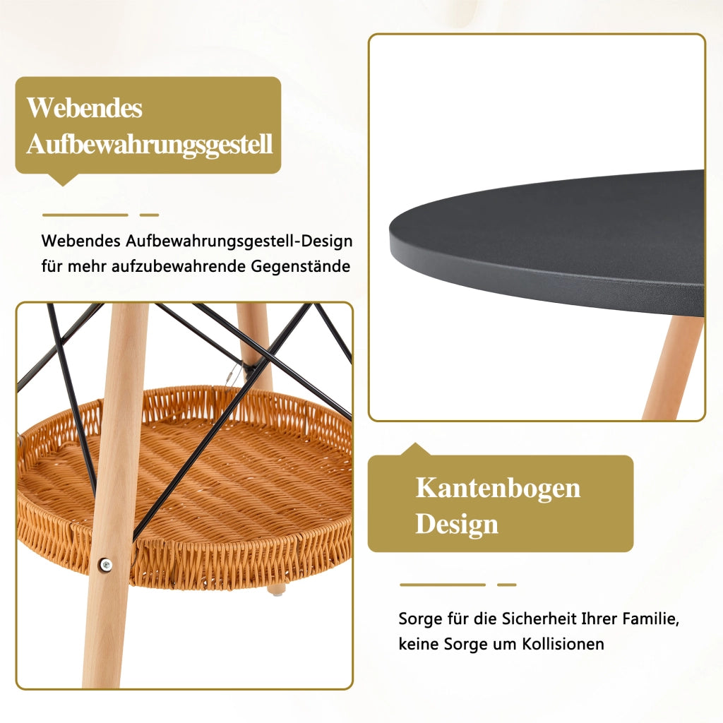 Tavolo da pranzo rotondo Ø80 cm MDF nero gambe in legno massello cesto intrecciato sospeso