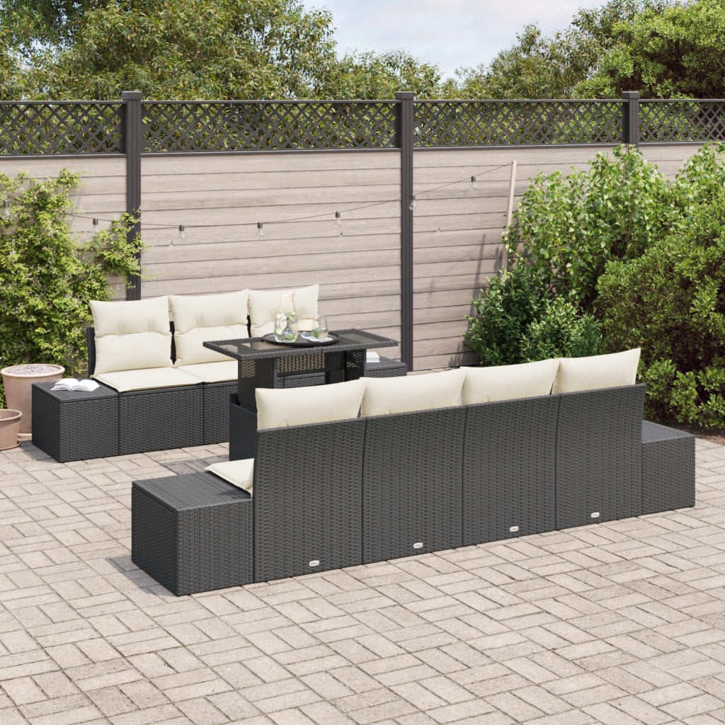 Set Divano da Giardino 8 Pezzi con Cuscini Nero Polyrattan