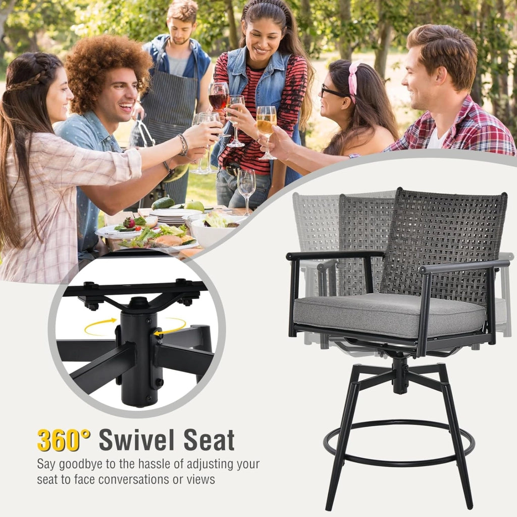 Set di 2 sgabelli da bar girevoli, con schienale in rattan e telaio in metallo, sedia da giardino con cuscino rimovibile, sgabello da bistrò, sedia girevole per esterni, colore nero