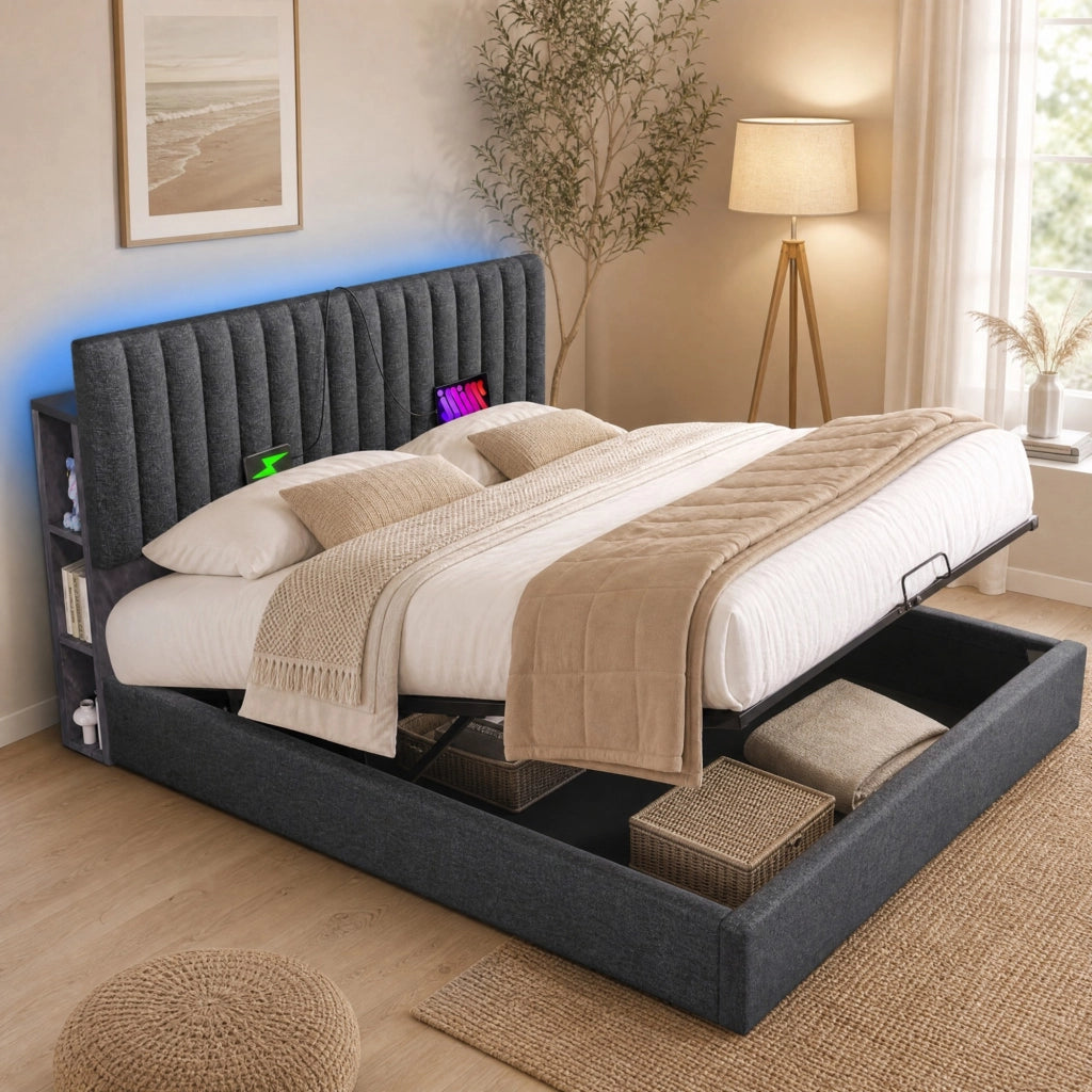 Letto matrimoniale 140x200 cm con LED, USB-C e materasso H3