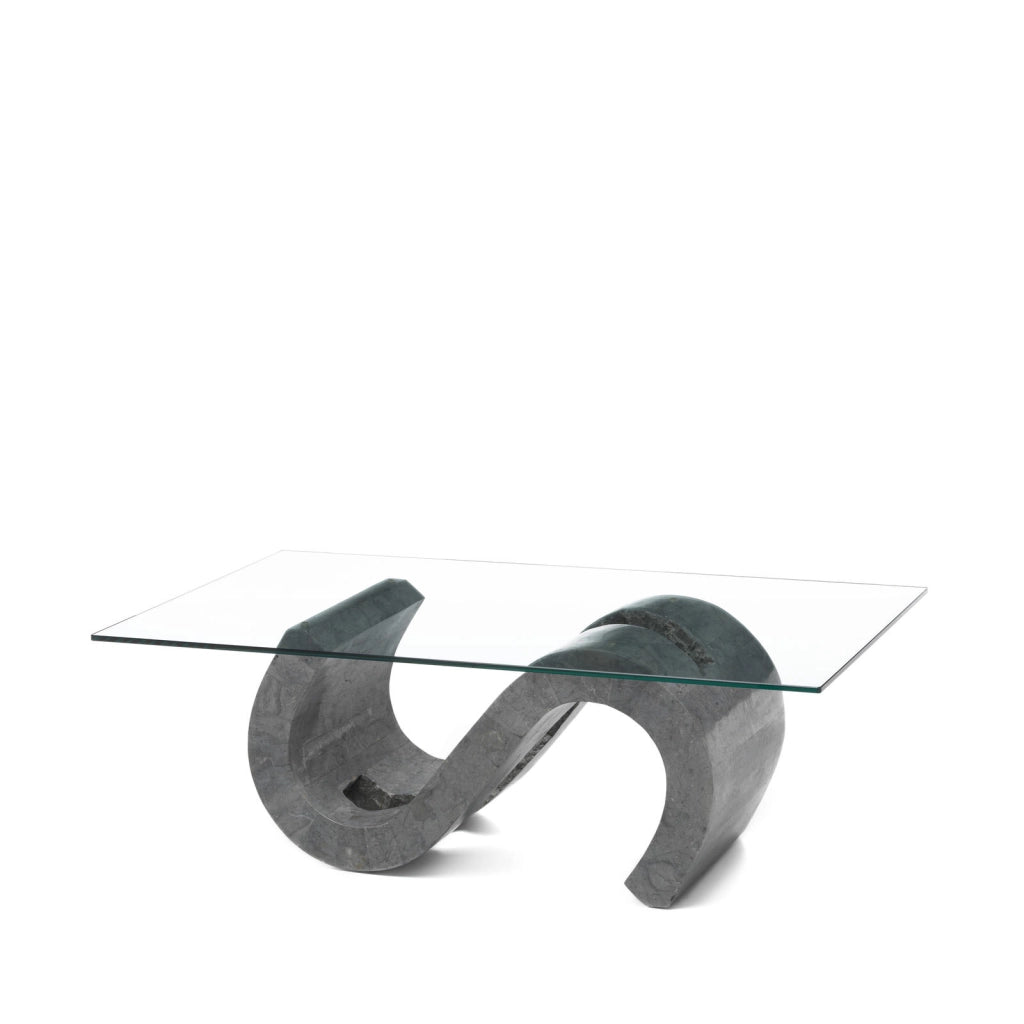 Flexus Tavolino Rettangolare con Base in Pietra Fossile Gray Stone e Top in Vetro Temperato Trasparente - Design Moderno Esclusivo