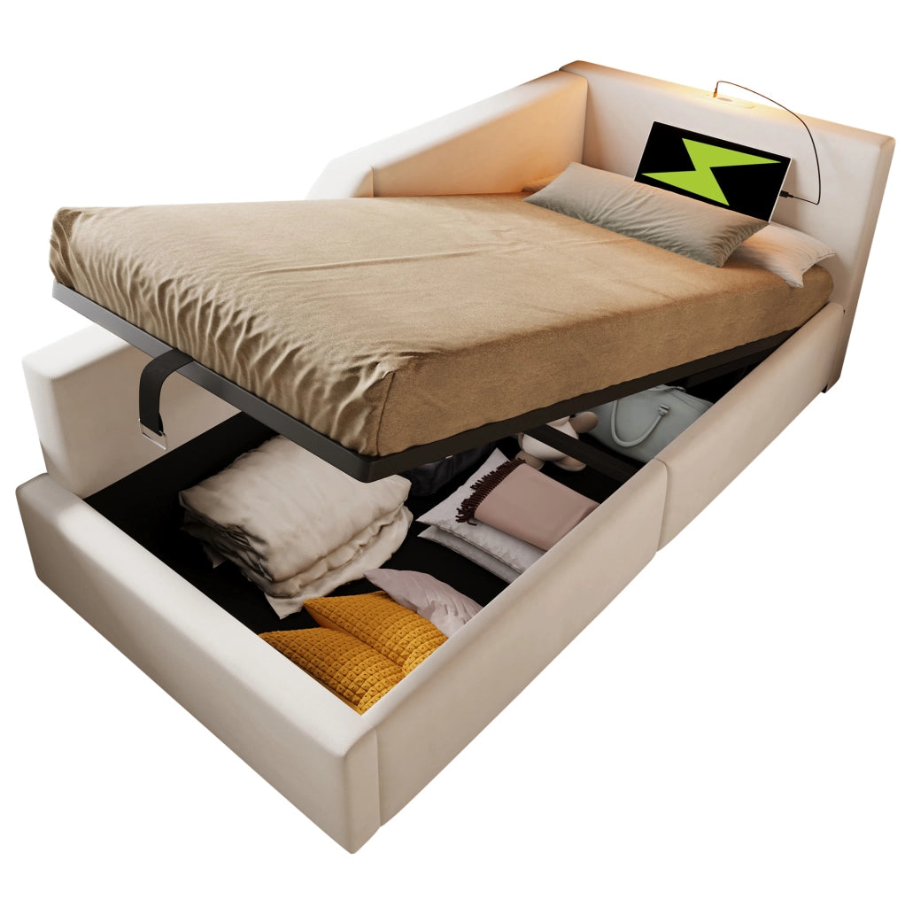Letto a giorno 90x200 cm con contenitore; lampada da lettura e USB C; velluto beige