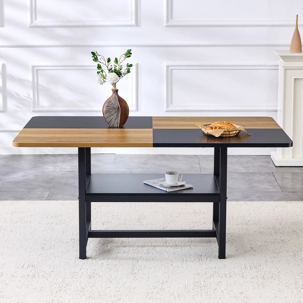 Tavolo da pranzo per 4-6 persone con ripiano integrato, struttura in MDF e metallo, nero e legno, 160 × 90 × 76 cm