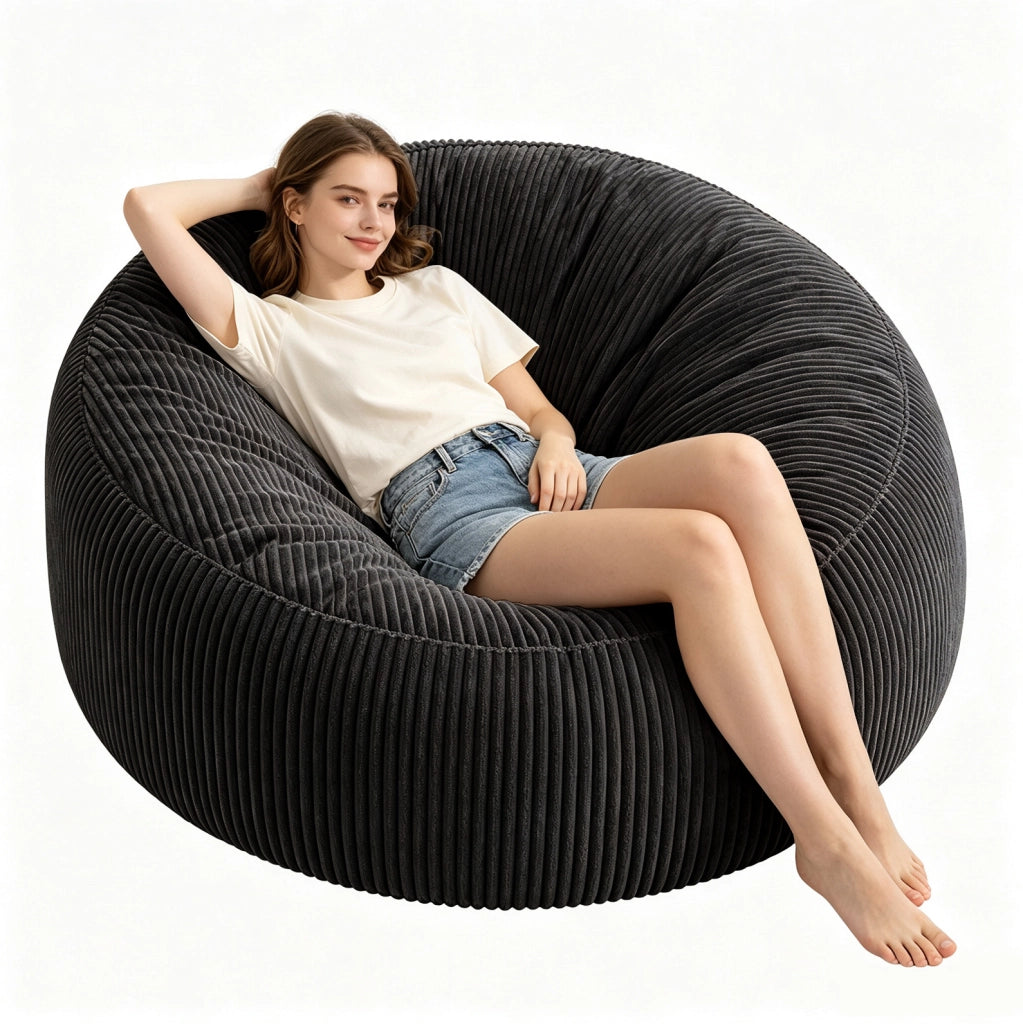 Poltrona sacco rotonda con imbottitura in memory foam; velluto a coste nero
