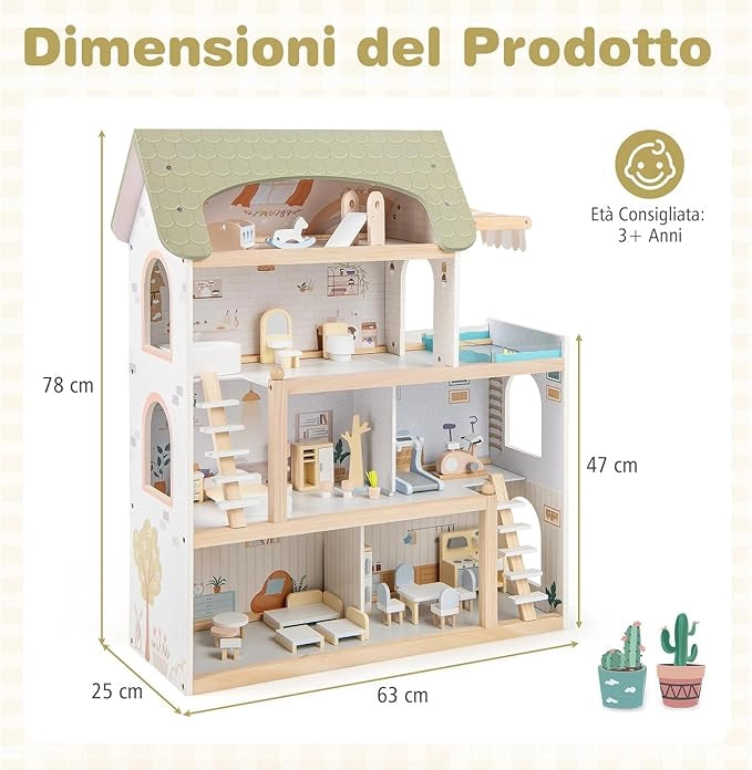Casa delle Bambole in Legno, Casa Bambole con 4 Piani, 6 Stanze, Terrazza, Piscina e Scale, Casetta Giocattolo Educativo con 33 Mobili Accessori, per Bambini 3+ Anni, 63 x 25 x 78 cm