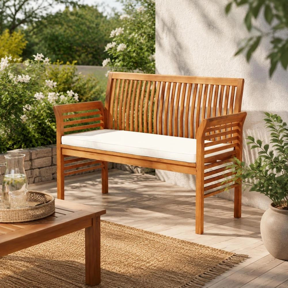 2-seater Garden Bench With Cushions, 120 Cm, Solid Acacia Wood