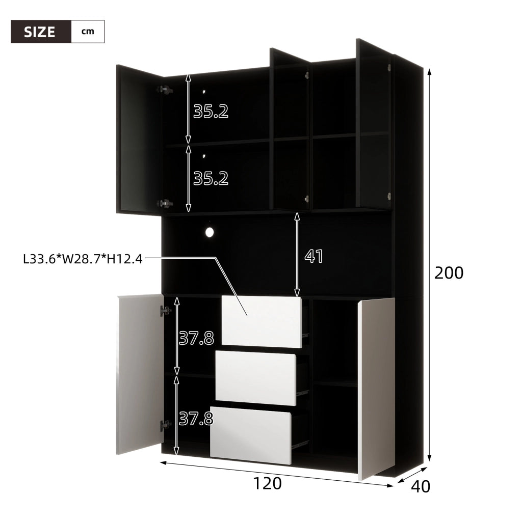 Vetrina in vetro con LED 120x40x200 cm; MDF nero; con ripiani aperti; 3 cassetti e 2 ante