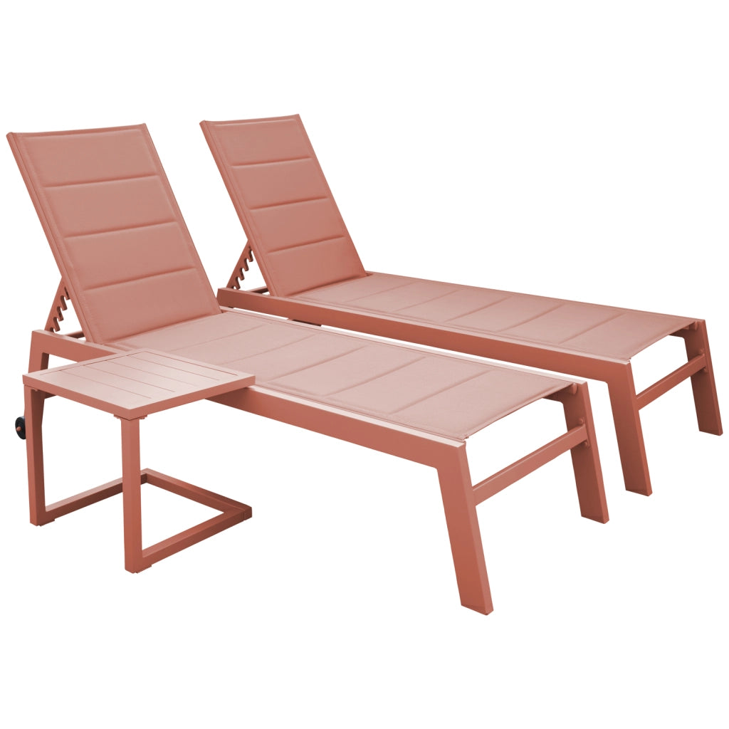 Set di 2 lettini BARBADOS eTavolino in textilene terracotta - alluminio terracotta