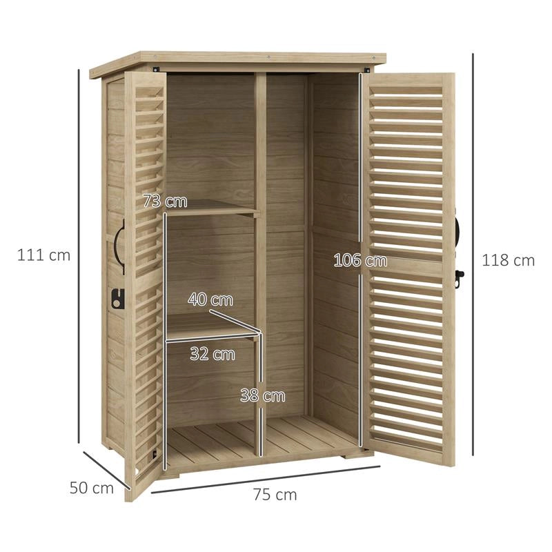 ARMADIO DA ESTERNO PORTAOGGETTI A 2 RIPIANI CON PICCHETTI, IN LEGNO DI ABETE, 75X50X111/118 CM