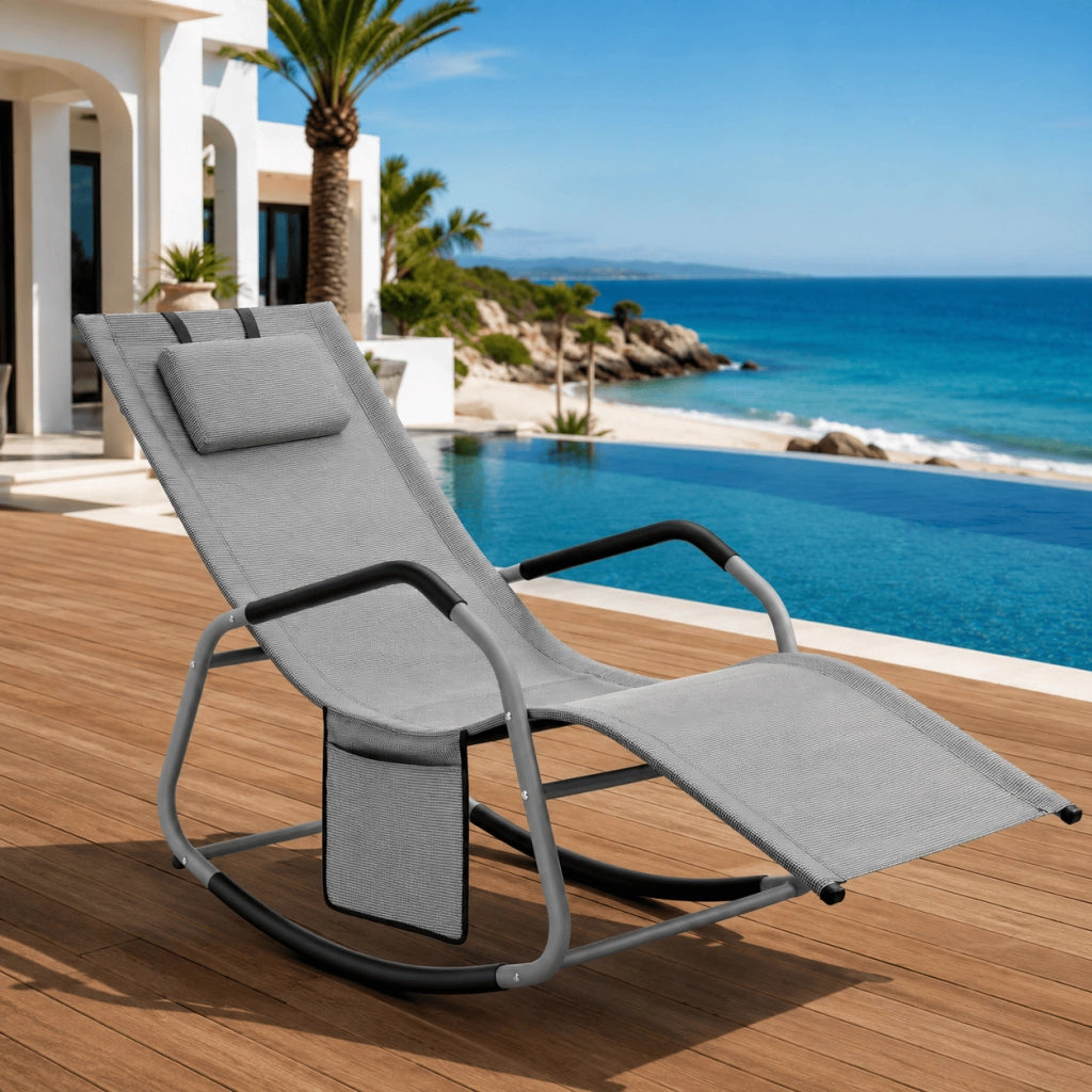 Sedia A Dondolo Da Giardino Con Cuscino Antiribaltamento E Tasca Laterale Seduta Ergonomica Da Esterno In Textilene Con Struttura In Acciaio 151 x 56 x 90 Cm Grigio