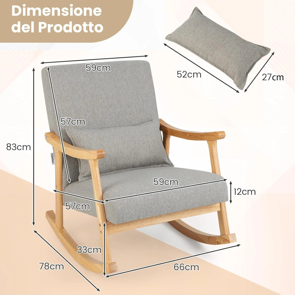 Sedia a Dondolo con Cuscino, Poltrona Dondolo Interno Ergonomica con Schienale Alto, Seduta Imbottito, in Legno di Gomma, per Soggiorno e Camera da Letto (Grigio)