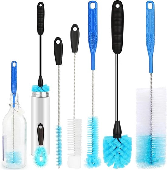 Set di pulizia per bottiglie con 6 borsette per collo sottile, con lama lunga, contenitore per acqua in acciaio inossidabile, spazzola per pulire bottiglie di birra, caraffe da vino, bicchieri, imboccature di bicchieri, stro, coppe.