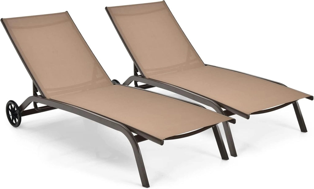 Lettino Prendisole con Ruote, Sdraio da Giardino Regolabile in 6 Posizioni, Struttura Metallica e Tessuto Traspirante, per Giardino, Piscina e Spiaggia, Portata 150 kg (1, Grigio)