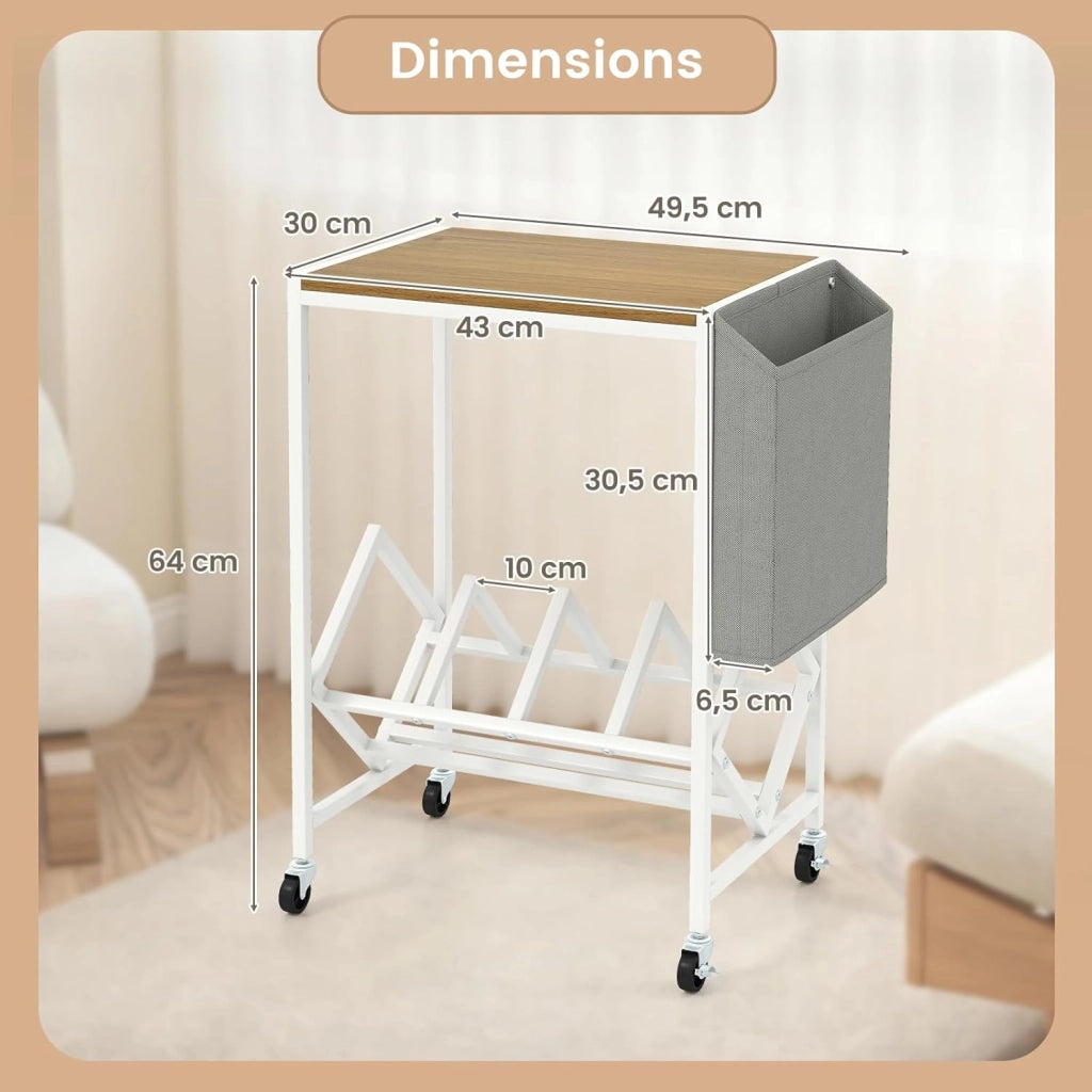 Supporto per giradischi con ruote, tavolino ausiliario con borsa laterale e divisori per dischi in vinile, fino a 200 LPs, 49,5 x 30 x 64 cm, organizer per CD, album, riviste (naturale)