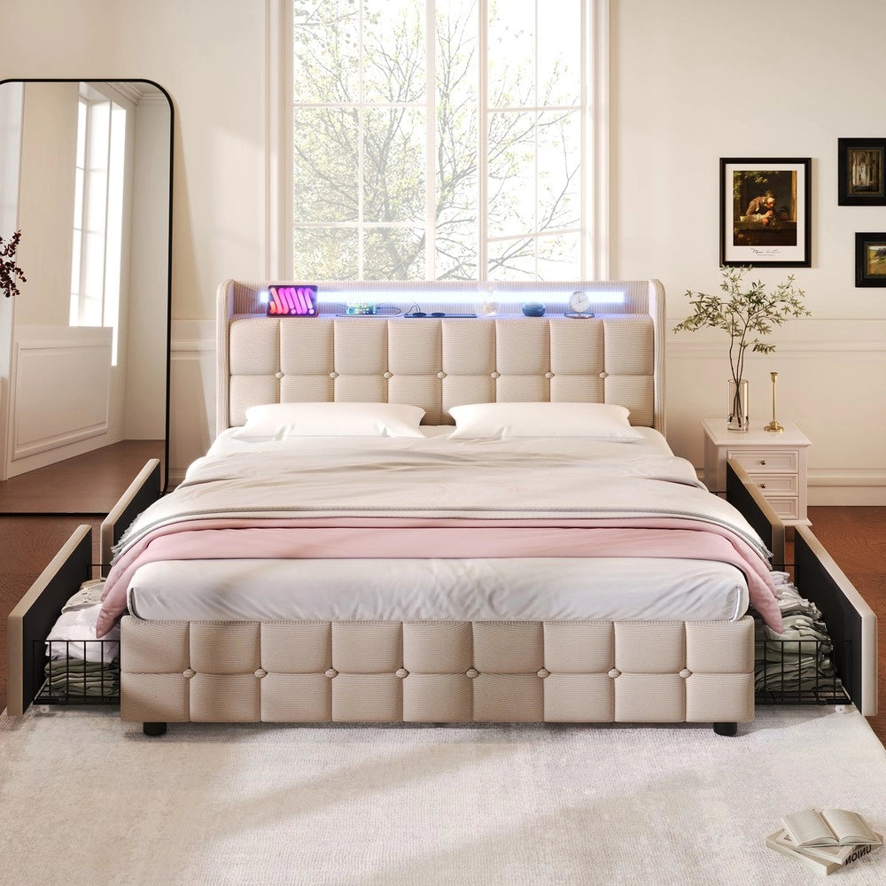 Letto Imbottito Contenitore con LED e USB ¨C MINIMAL ¨C Matrimoniale 160x200, 4 Cassetti, Beige, con Materasso