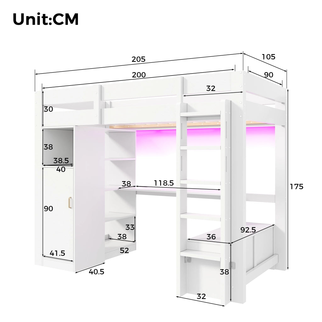Letto a Soppalco 90 x 200 cm; Letto Singolo - Scrivania; Armadio; LED e USB - Bianco