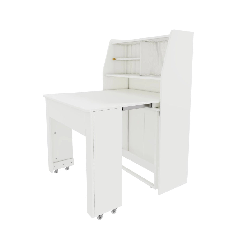 Tavolo da pranzo allungabile 52-132,5 cm con vano contenitore, bianco, in truciolare e vetro